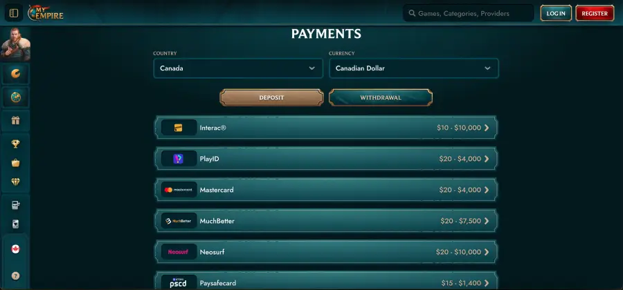 My Empire casino online payment methods table My Empire casino online payment methods table